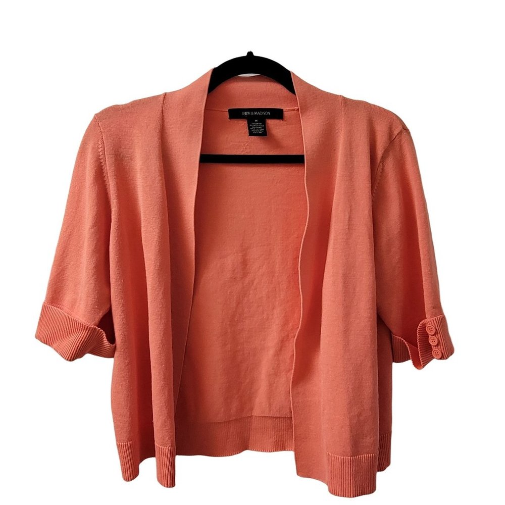 89th & Madison Cropped Open Front Coral Cardigan Cuffed Sleeve Women Medium 1040